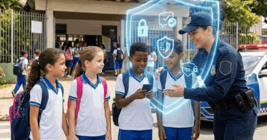 Imagem contendo crianças na frente da escola com uma Guarda Civil Municipal.