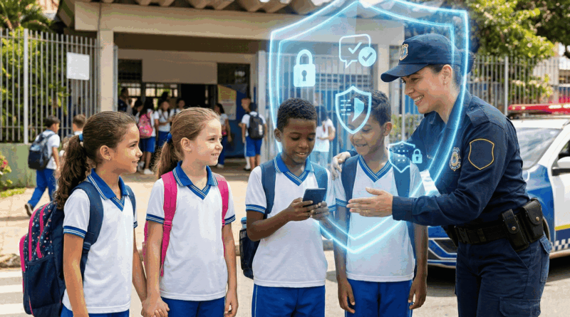 Imagem contendo crianças na frente da escola com uma Guarda Civil Municipal.