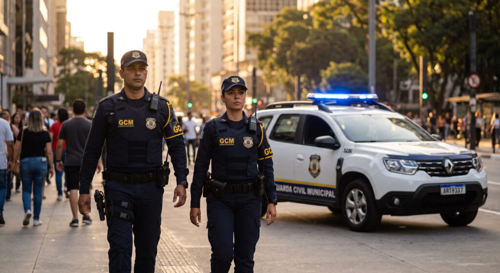 Foto criada por IA com uma dupla de GCM na via pública, juntamente com uma viatura