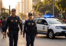 Foto criada por IA com uma dupla de GCM na via p&uacute;blica, juntamente com uma viatura
