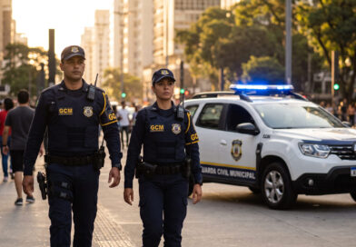 Foto criada por IA com uma dupla de GCM na via p&uacute;blica, juntamente com uma viatura